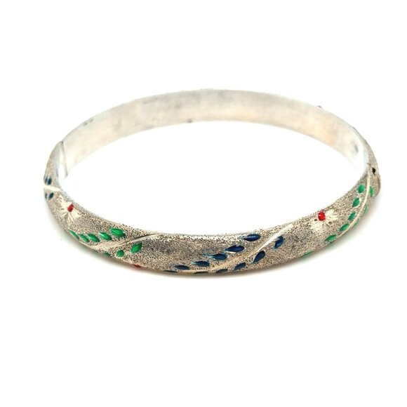 Multicolor Leaf & Flower Design Silver Bangle - Picture 1 of 9